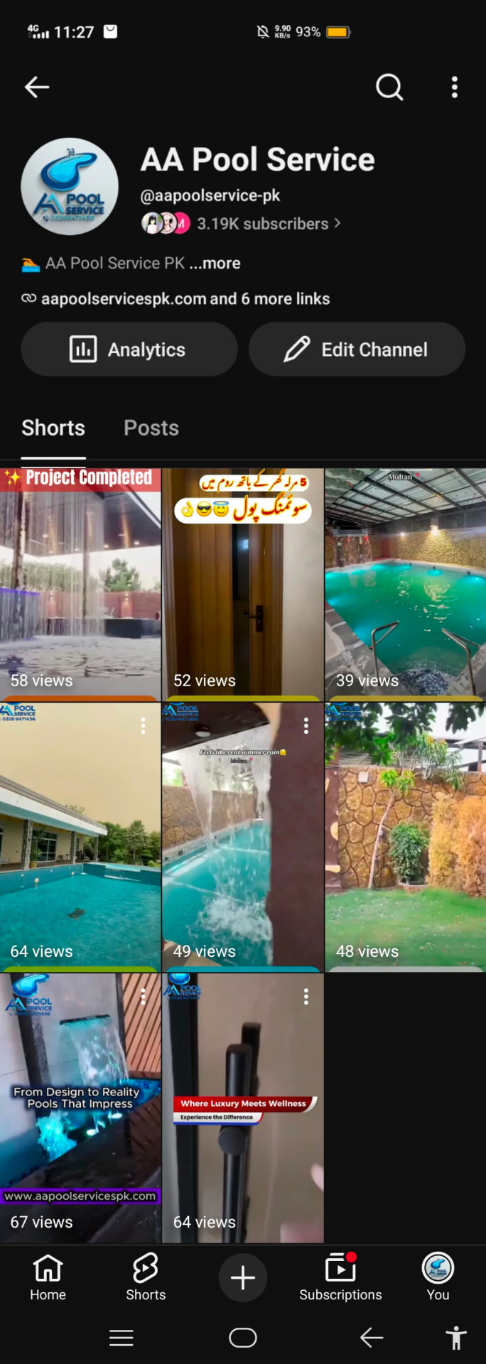 AA Pool Service YouTube channel showing 3.19K subscribers