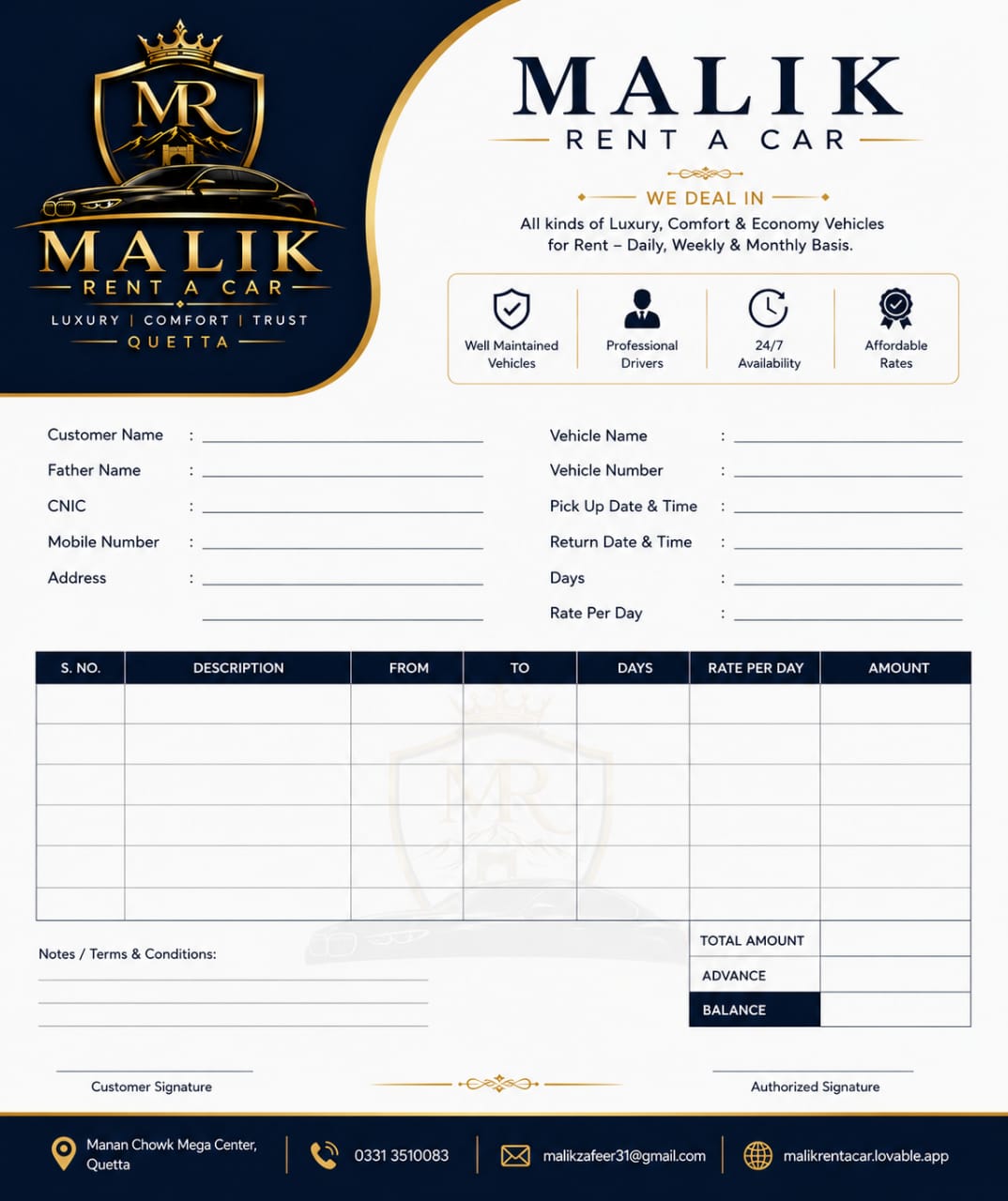 Malik Rent A Car bill book and cash memo design in navy and gold