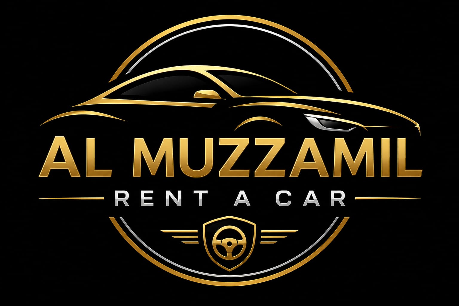 Al Muzzamil Rent A Car gold and black logo