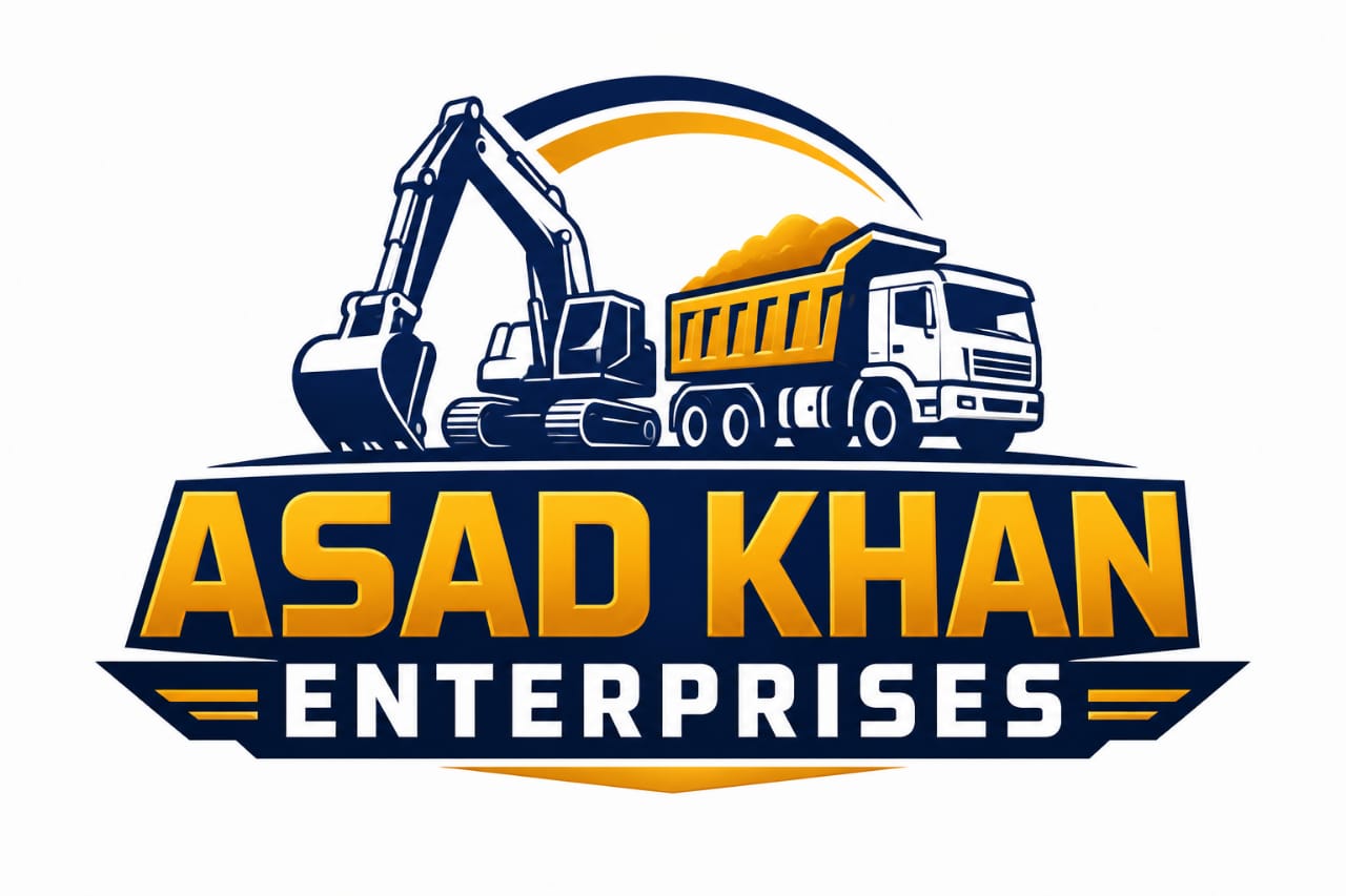 Asad Khan Enterprises logo with excavator and dump truck in navy and gold