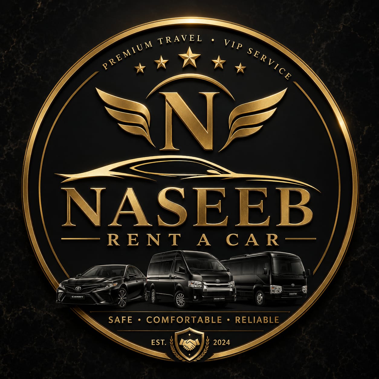 Naseeb Rent A Car circular gold logo with fleet vehicles