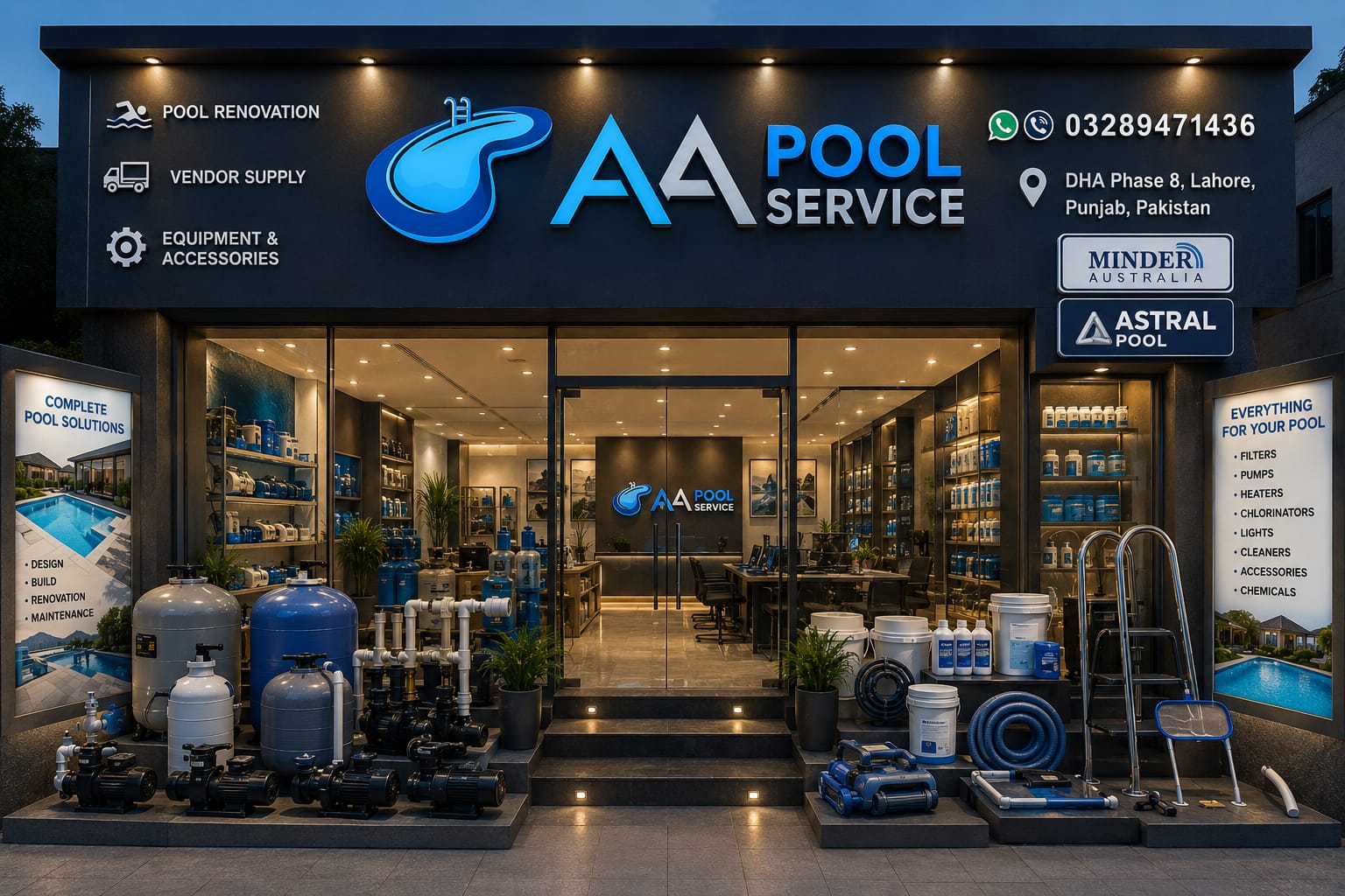 AA Pool Service branded storefront with signage and product display