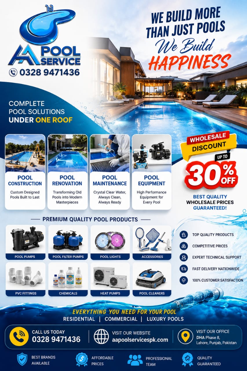 AA Pool Service poster showing pool solutions and product ranges