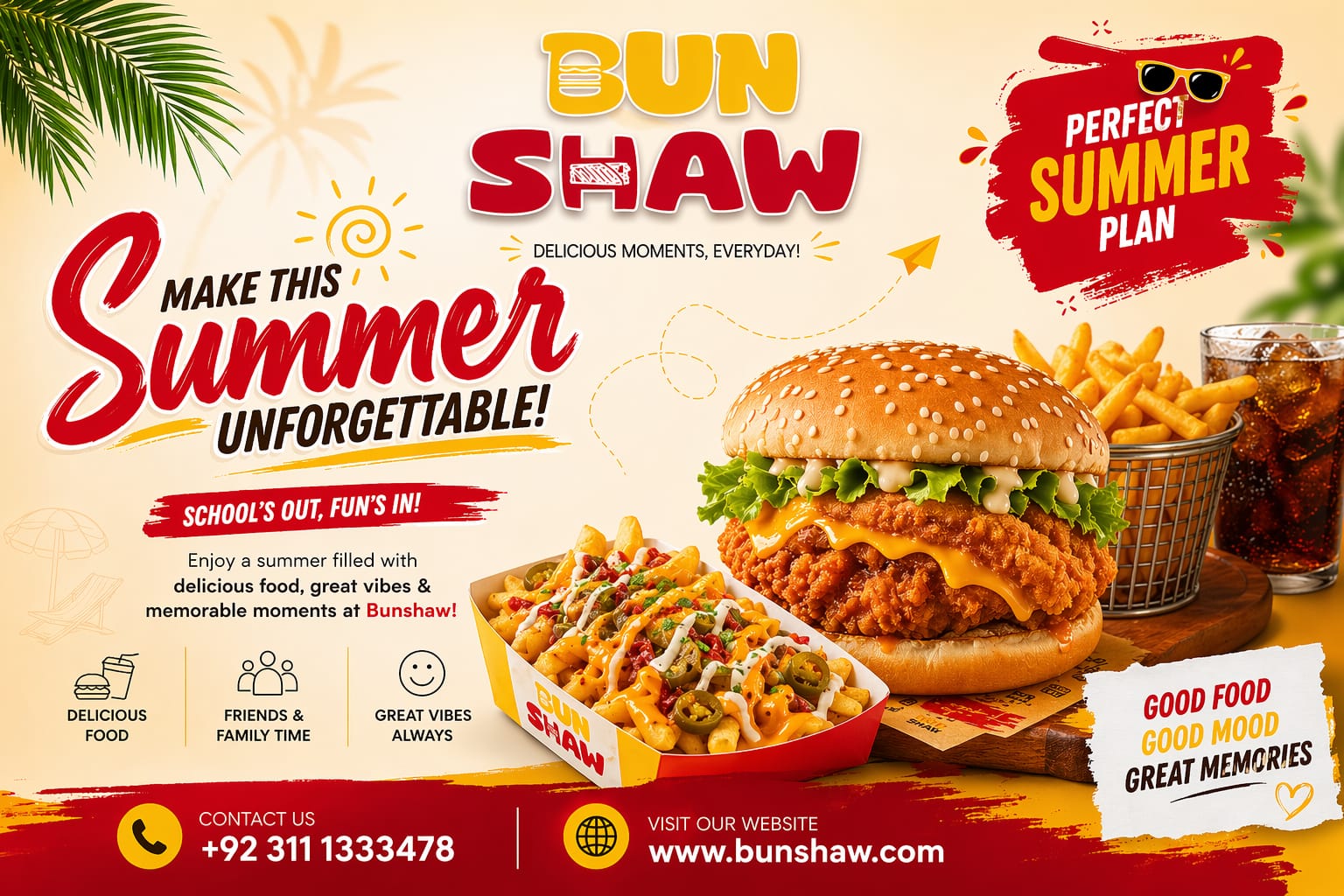 Bun Shaw summer campaign poster with burger and loaded fries