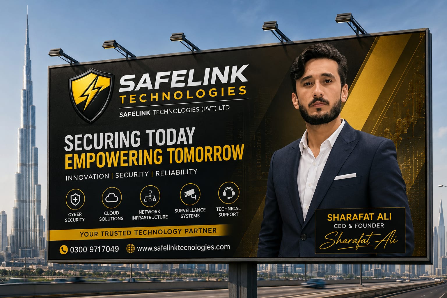 SafeLink Technologies billboard creative mock-up on a city highway