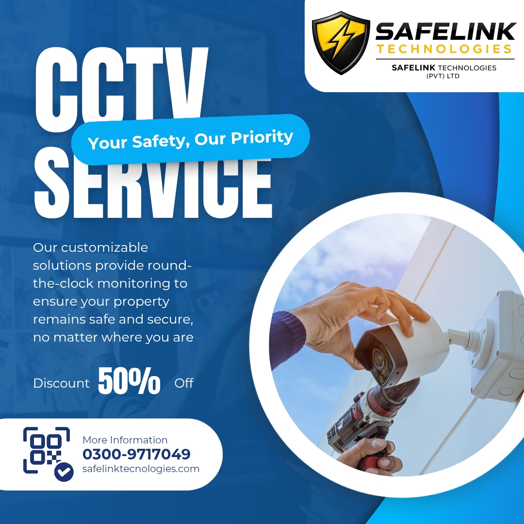 SafeLink Technologies CCTV service poster with 50% discount offer