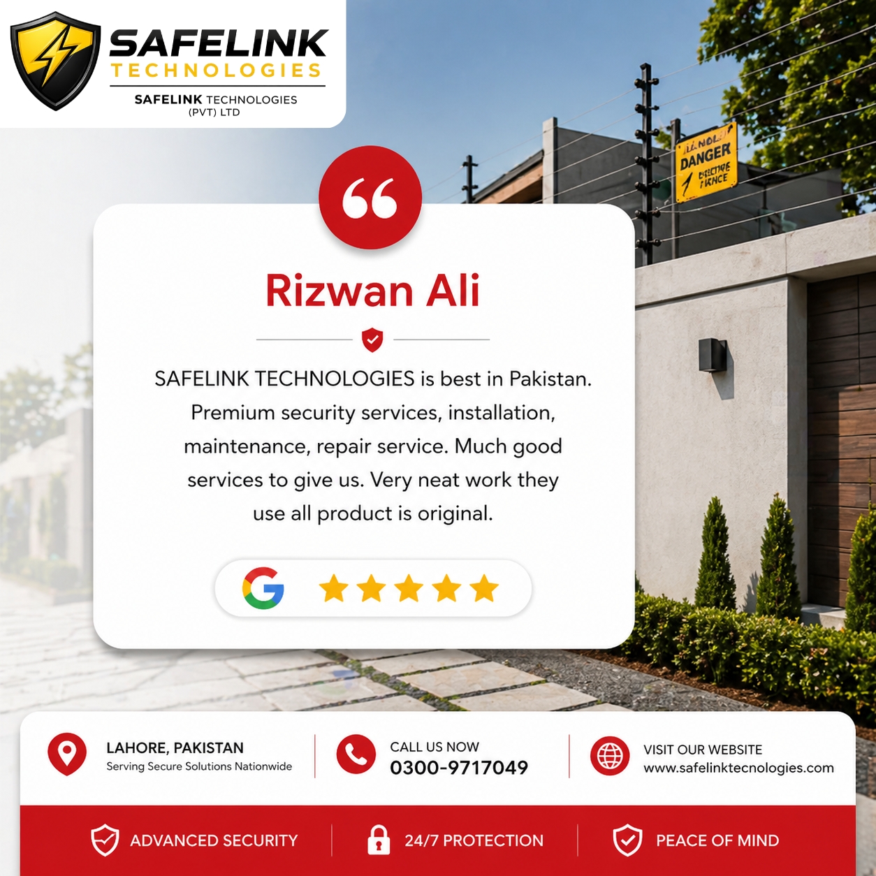 SafeLink Technologies Google review poster for Rizwan Ali