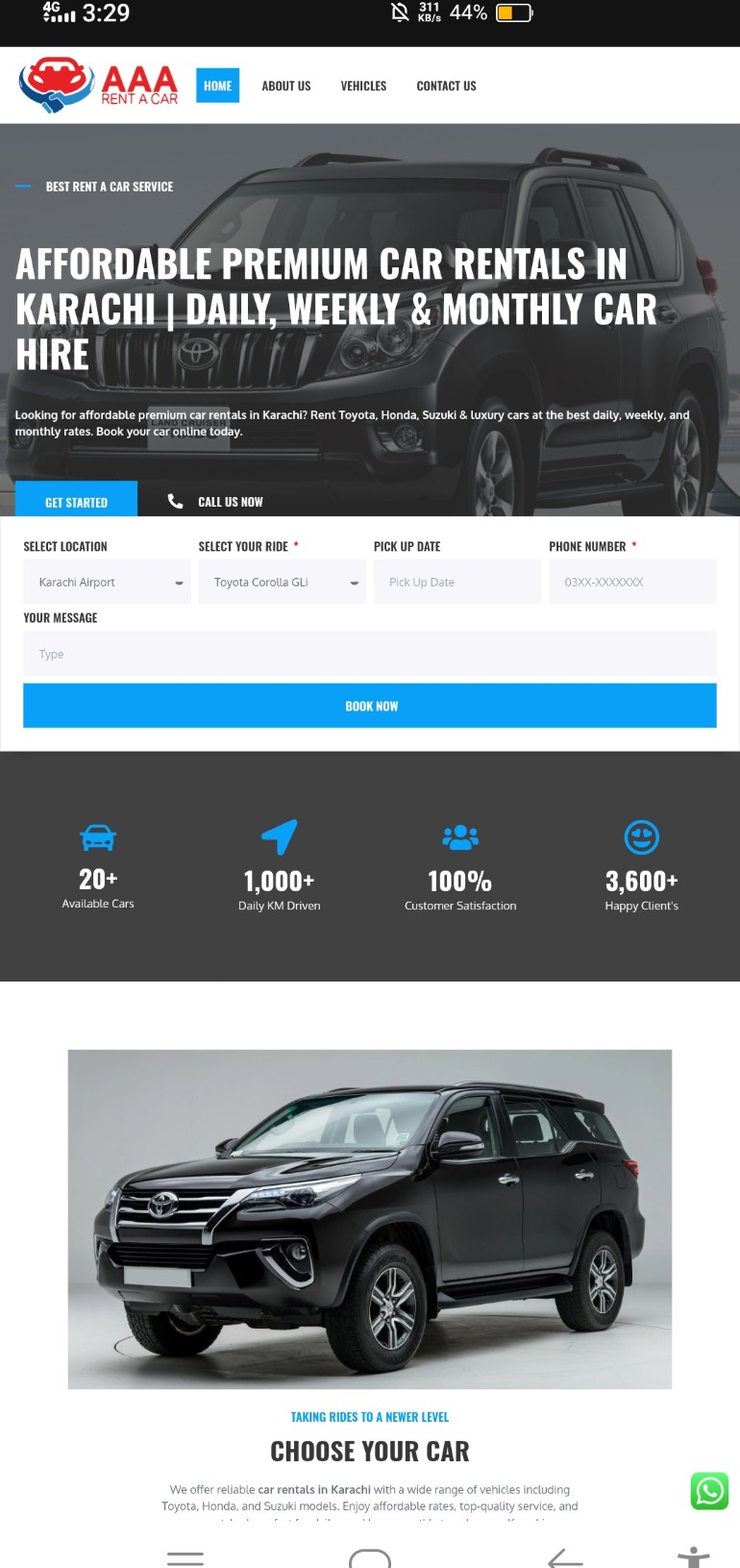 Homepage preview of aaarentacar.pk showing the booking form and fleet statistics