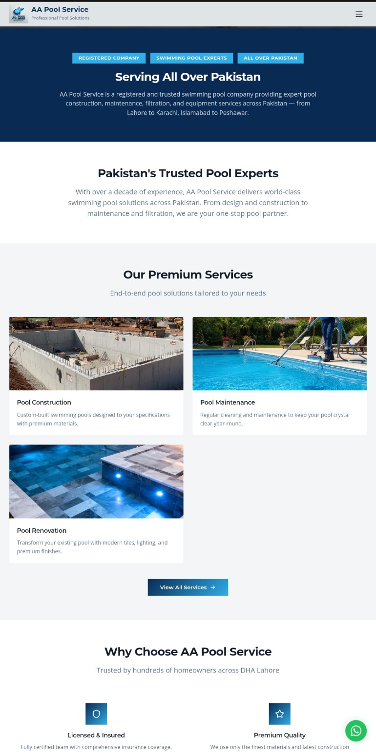 Homepage preview of aapoolservicespk.com showing the services grid and company introduction