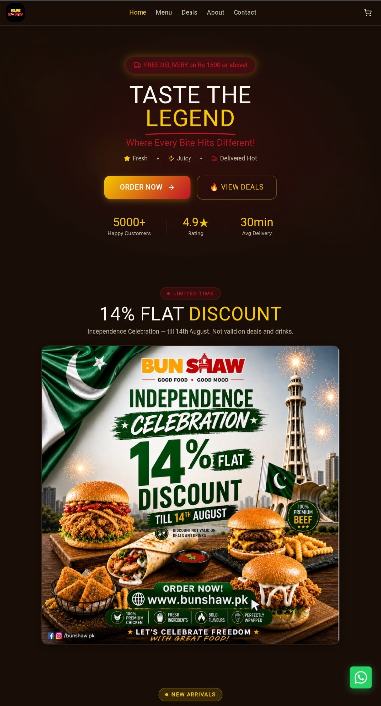 Homepage preview of bunshaw.com showing the Taste the Legend hero and 14% discount campaign
