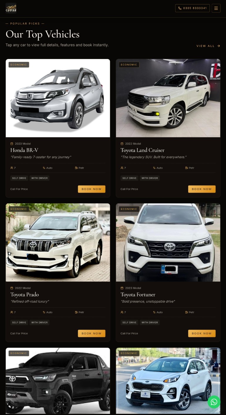 Preview of cruiserentacar.pk showing the top vehicles grid with booking actions