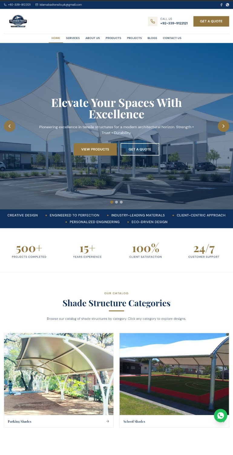 Homepage preview of islamabadtensile.com showing the hero slider and shade structure categories