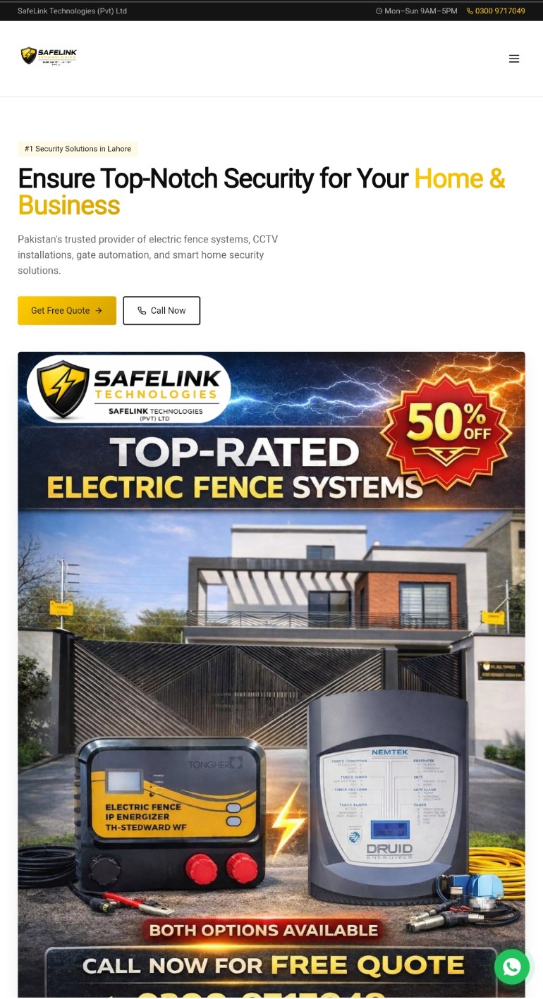 Homepage preview of safelinktecnologies.com showing the security services hero and free quote actions