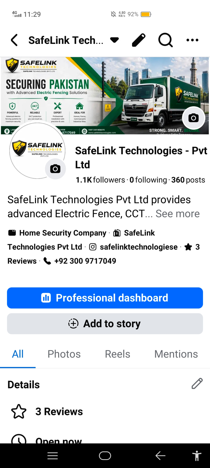 SafeLink Technologies Facebook page showing 1.1K followers and 360 posts