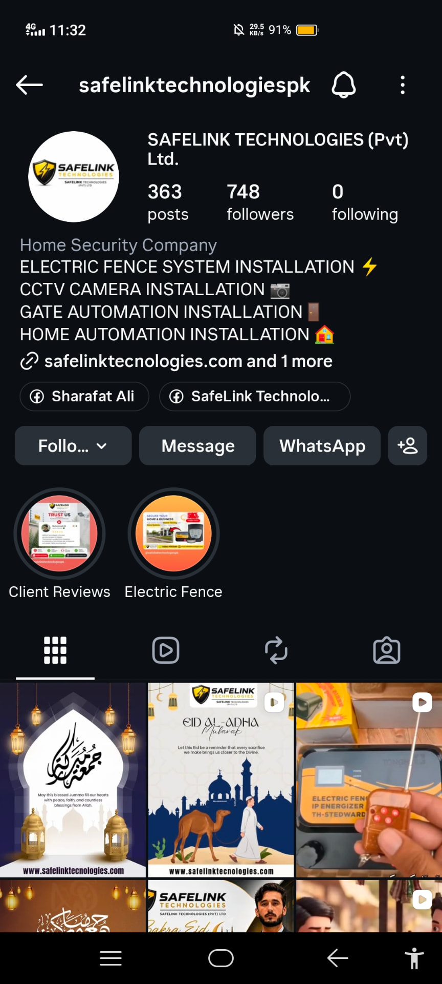 SafeLink Technologies Instagram profile showing 748 followers and 363 posts