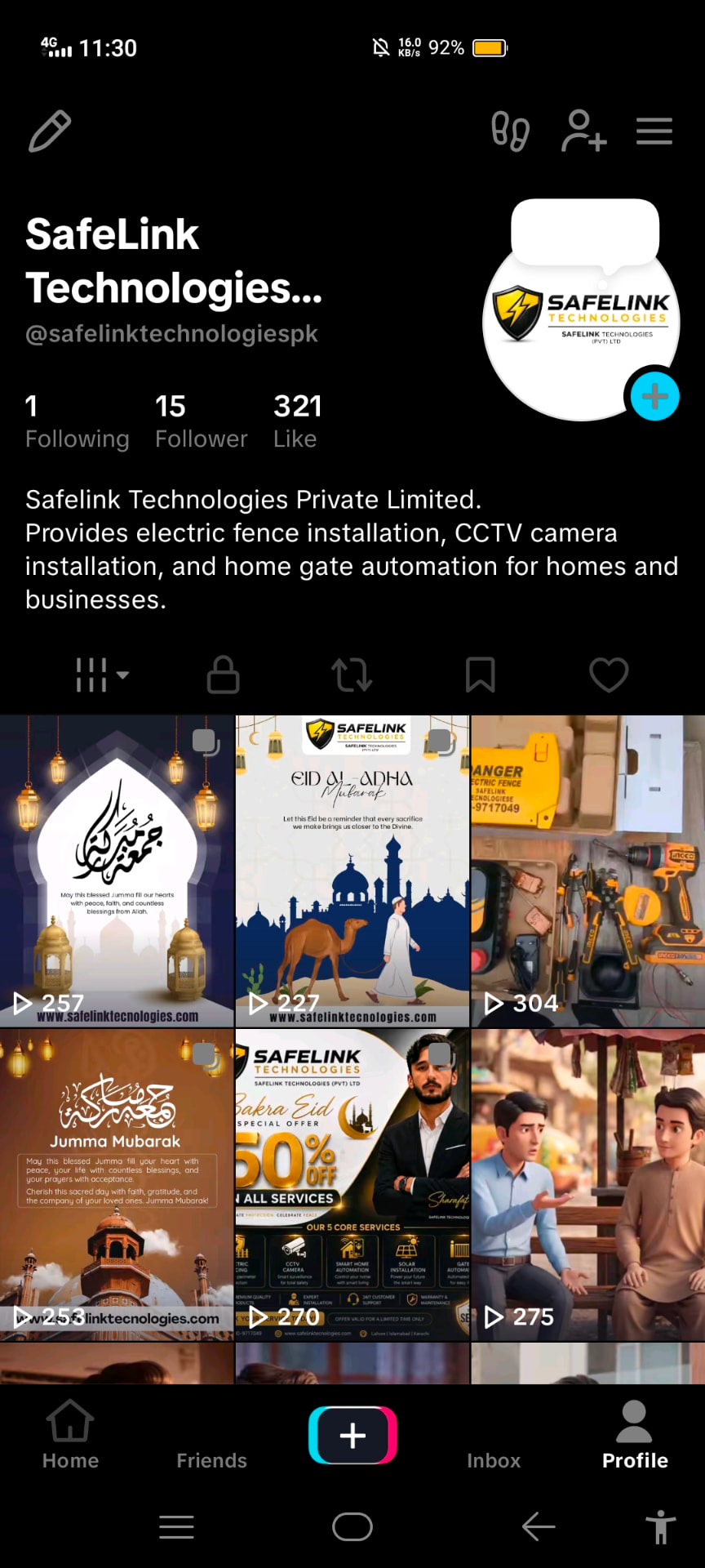 SafeLink Technologies TikTok profile showing 15 followers and 321 likes