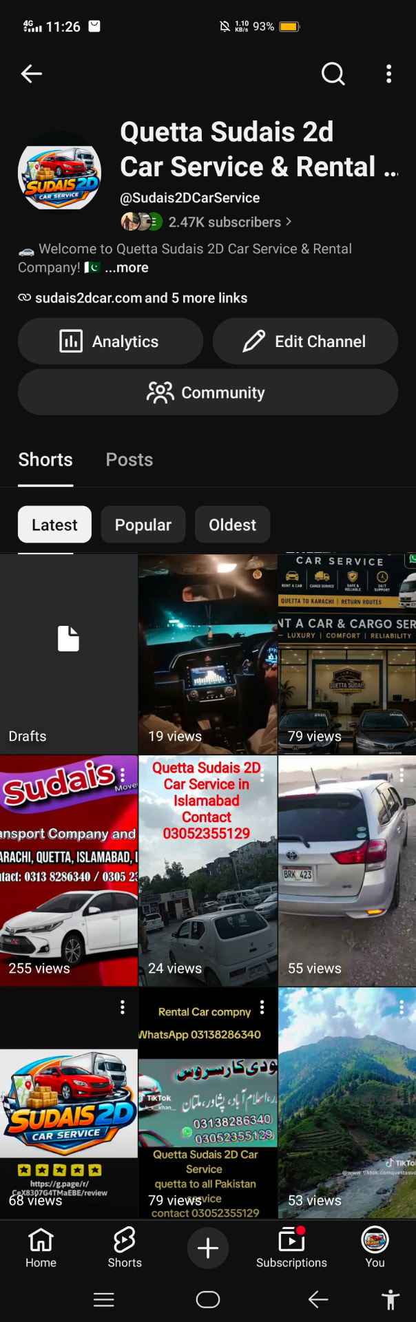 Quetta Sudais 2D Car Service YouTube channel showing 2.47K subscribers