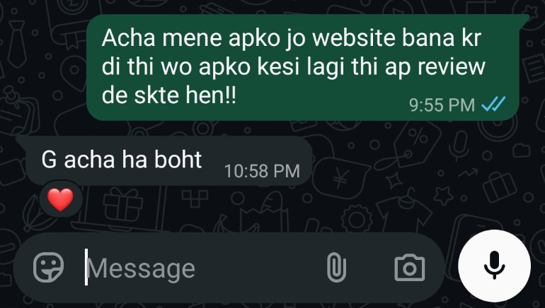 WhatsApp message from the Cruise Rent A Car client replying that the delivered website is very good
