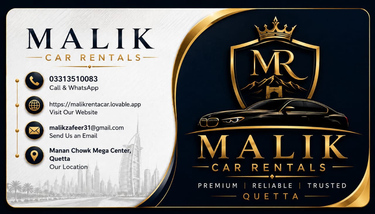 Malik Car Rentals visiting card design with gold crest logo